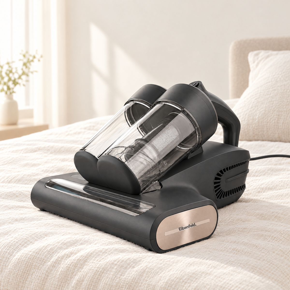 Eibenfeld M500 – beutelloser Milbensauger mit Zwei-Kammer-Behälter auf einem Bett
