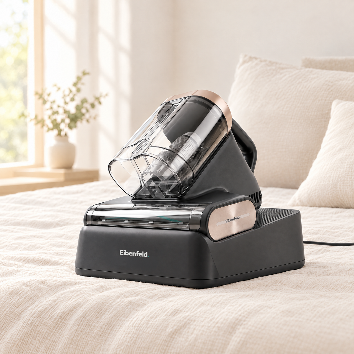 Eibenfeld M700 Pro Milbensauger mit Absaugstation auf einem Bett