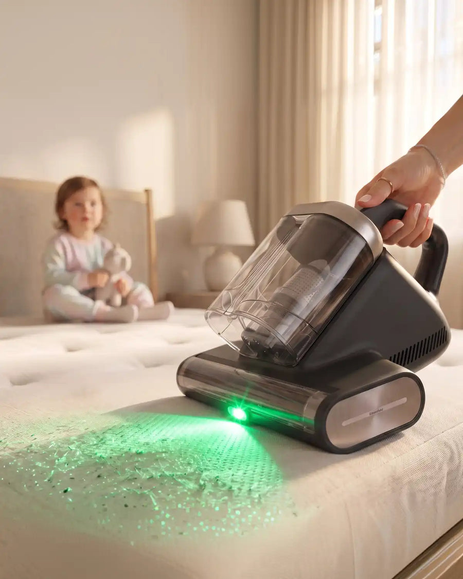 M700 Pro saugt eine Matratze, das grüne Licht macht Staub sichtbar