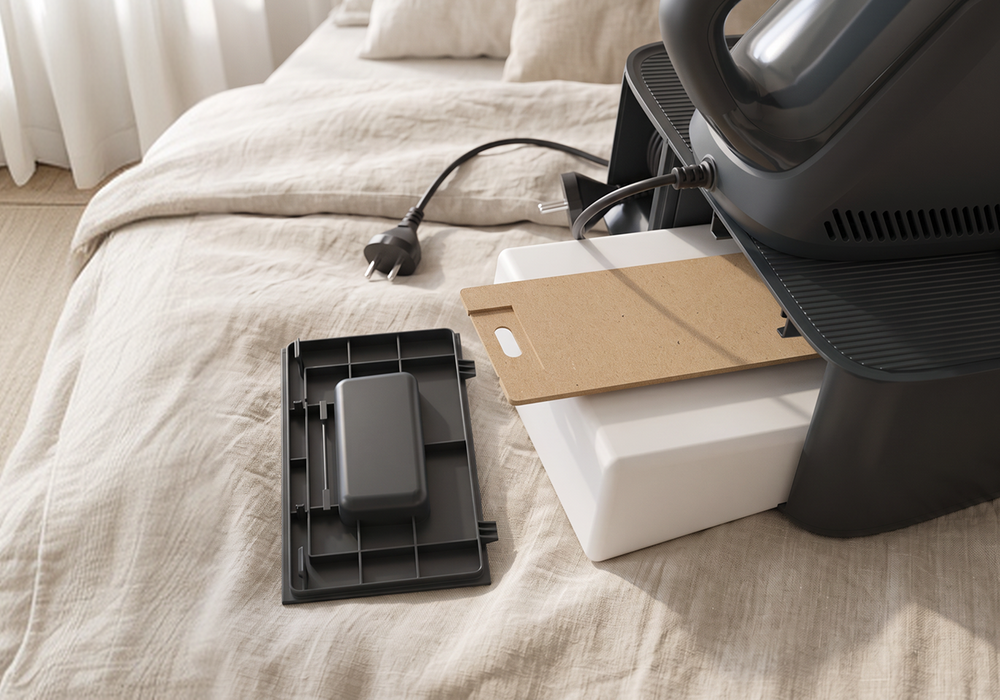 Netzkabel wird im Fach der Absaugstation verstaut